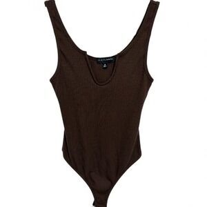JLUXLABEL Ribbed Deep V Neck Tank‎ Bodysuit Chocolate Brown Size S